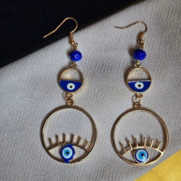 Elegant Gold Tone Blue Evil Eye Earrings - Picture 8 of 15